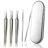 Blackhead Remover Tool kit 5pcs Professional Stainless Steel Pimple Comedone Extractor Curved Tweezers Kit with Metal Case,Treatment for Whitehead Acne by Lemoncy