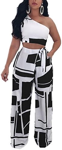 ChongXiao Women 2 Pieces Outfits Jumpsuits Color Block Patchwork One Shoulder Crop Tops and Long Wide Leg Pants (Black, XXL)