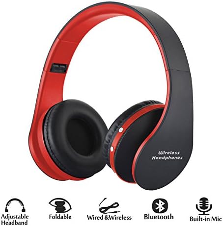 Foldable Wireless/Wired Headphones, Hyfanda Bluetooth Over-ear Headset Rechargeable Earphones with Built-in Microphone 3.5mm Audio Jack MIC for iPhone 8/7/6 &amp; Desktop, PC - Black Red