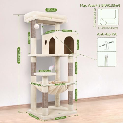 Globlazer Beige Cat Tree 137 cm with Extra Large Hammock 45 x 40 cm, Large Kennels, Padded Platform, Easy to Install Indoor Cat Trees for Adult Cats Rest, Scratching Game (F53, Beige)