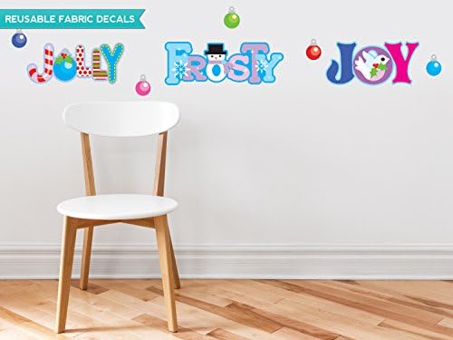 Christmas Fabric Wall Decal Set with The Words Jolly, Frosty, Joy, Also Comes with 5 Ornaments, Repositionable & Reusable