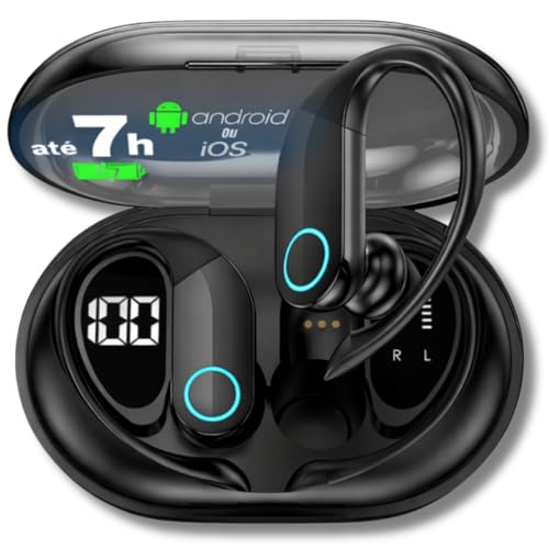 Fones de Ouvido Bluetooth Sem Fio, Esportivo c/ 80h de Reprodução com LED Display e com Gancho Anti Quedas, IPX7 à Prova d'Água, Graves Profundos, Compatível com iOS e Android - Esportes/Treino
