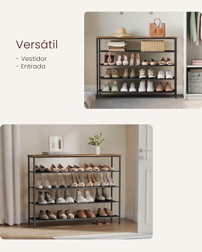 VASAGLE Zapatero, Organizador de Almacenamiento de Zapatos de 5 Niveles para Entrada y clóset, Capacidad para 20-24 Pares de Zapatos, 4 estantes de Tela, Marco de Acero, Industrial, café rústico y