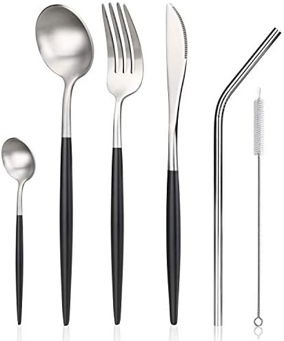 Flatware Set, Cutlery Set Travel, Stainless Steel Silverware Tableware Dinnerware Utensil Set with Box for Camping/Travel/Picnic/Home/School/Office Lunch,Included Knife,Fork, Spoons, Straw,Straw Brush