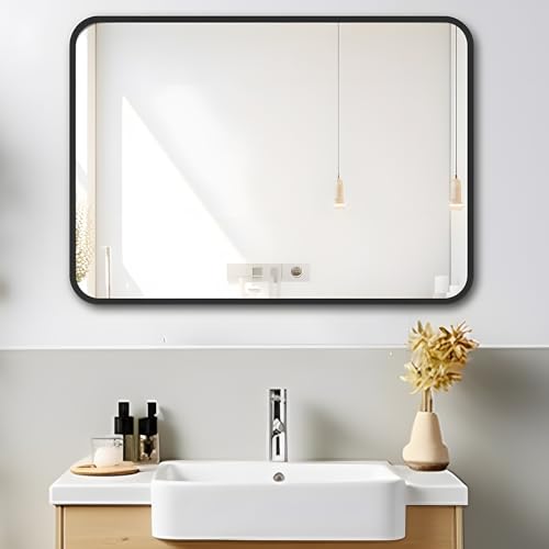 MIQU Bathroom Mirror, 80 x 60 cm, Large Wall Mirror, Unilluminated, Rectangular with Black Metal Frame, Decorative Mirror for Bathroom, Living Room, Toilet, Hallway K