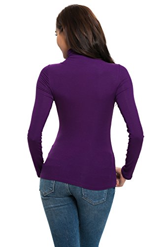 Womens Long Sleeve/Sleeveless Slim Fit Mock Turtleneck Stretch Comfy Basic T Shirt Layer Top Purple - Thumbnail 4