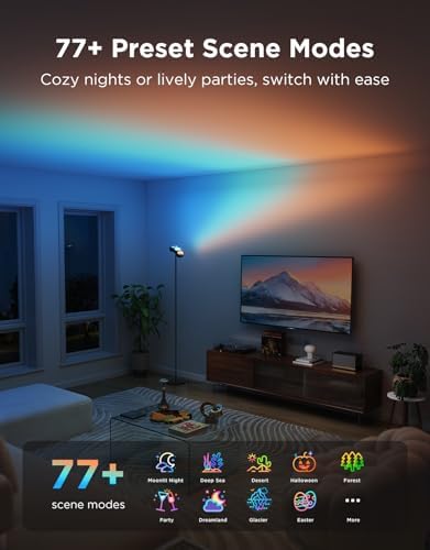 Candeeiro de pé LED Torchiere, candeeiro RGBWWIC com controlo de 3 zonas, compatível com Matter Alexa, 77 cenas e sincronização musical, candeeiro preto de 170 cm para sala, quarto e teto