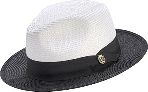 Classic Straw Fedora, Two-Tone Wide Brim Pinch Hat, with Color Accent Brim and Grosgrain Ribbon Trim H47