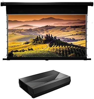 EluneVision Reference 8k Ultra Short Throw Motorized Tab-Tension Projection Screen with Optoma CinemaX Pro 4K UST Projector (135")