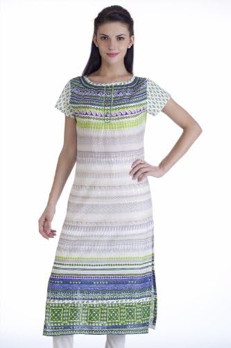 MB Womens Ethnic Mulit-Print Kurta Tunic WHITE/GREEN 36