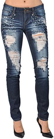 Machine Fashion Rhinestoned Denim Skinny Ripped High Fashion Jeans