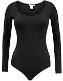 BEKDO Womens Basic Solid Long Sleeve Scoop Neck Bodysuit with Stretch-L-BLACK