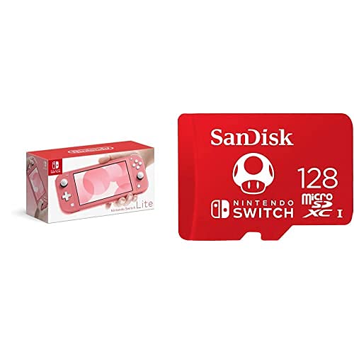 Nintendo Switch Lite Coral with SanDisk 128GB microSDXC UHSI Card, Licensed for Nintendo