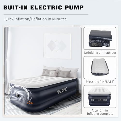 NALONE Air bed Single, Inflatable mattress with Built in Pump, 196x97x46cm Single Blow Up Mattress in 3 Mins Self-Inflation/Deflation, Portable air mattress for Home, Travel & Camping (Twin)