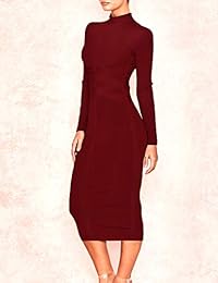 UONBOX Vestido de mujer de manga larga con correa cruzada acanalada