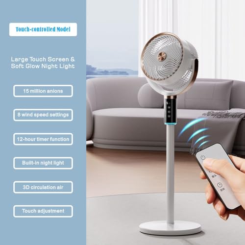 Floor Standing Fan with Remote Control - 8 Speed Adjustable Height, Timer, Shaking Head & Night Light, Quiet & Powerful Air Circulator for Bedroom, Home, Office - Household Pedestal Fans