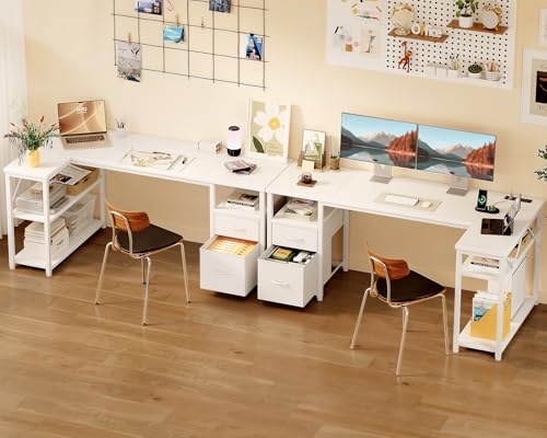 Coleshome Computer Desk with Drawers, 140×80 cm Corner Office Desk with Built-in Power Outlet, Reversible L Shaped Desk with Storage Shelves for Home Office, White