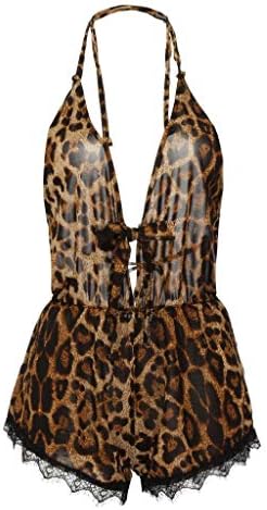 Plus Size Sexy Lingerie Bow Lace Trim Leopard Romper Bodysuit Underwear
