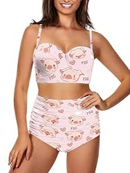 Howilath Women High Wasited Cute Pink Pig Bikini