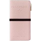 DOB SECHS Leather Passport Wallet for Women, RFID Blocking Passport Holder with Zipper for Travel, Credit Card Cover Case, Travel Document Organizer Pouch Bag +ID Window+Cash Pocket+SIM Slot, Pink