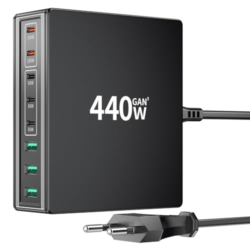 HSSNS USB-C Ladegerät Mehrfach: 440W 8 Ports Schnellladegerät mit 5 USB-C und 3 USB-A, Dual-PD PPS USB Netzteil für MacBook, iPad, iPhone 17/16/15 Ser