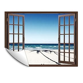 Wall Murals for Bedroom Fake Window Beach Brown Window Removable Wallpaper Peel and Stick Wall Stickers - 24x32 inches