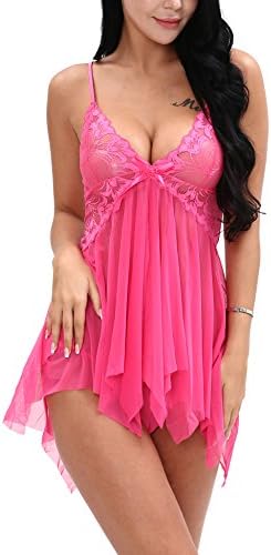 Alluroman Women Sexy Lace Lingerie V Neck Sleepwear Strap Babydoll, Rose Red XXL