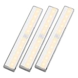 LE LED Closet Light, 10-led Motion Sensing Under Cabinet Lighting, Wireless Stick-on Anywhere Stair Lights, LED Light Bar with Magnetic Strip, Battery Operated, 3000K Warm White, Silver, 3-Pack
