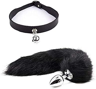 youpin Adjustable Leather Woman Bell Collar Leather Choker Fox Tail B-ütt an-âl Pl-ùg T-ö-ys Black