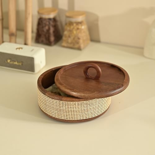 Brick Brown® Tresso Wooden Roti Box With Cane Weave | Chapati For Kitchen Casserole Hot Pot Lid Case Dabba Server Dining Table Handmade Container (8X8X5 In)
