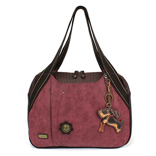 Chala Handbag Shoulder Purse Tote Bag with Animal Purse Charm (835GY) (Burgundy Weiner)