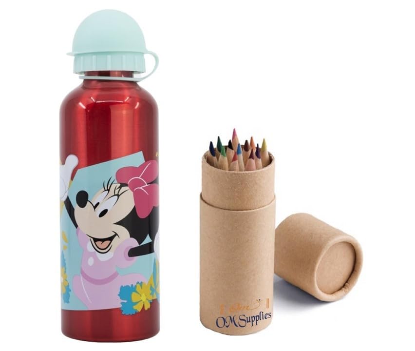 OM SUPPLIES Minnie Characters Aluminium Sports Bottle 530ml - Holiday, Back to School Water Drinking Kids Lunch Children Includes Half Size 12pcs (Minnie)