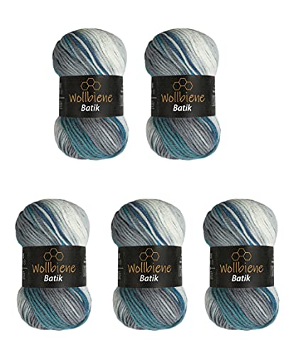 5 gomitoli di lana Batik da 100 g, 500 g, con gradiente, multicolore (5950, blu, turchese, grigio)