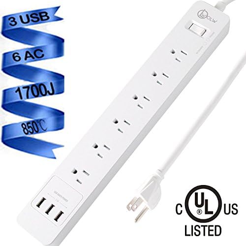 OOLLWW Surge Protector UL Listed 6 Outlet Wall Mount Power Strip 1700 Joules Power Cord with 3 USB Smart Charger for Home Office White