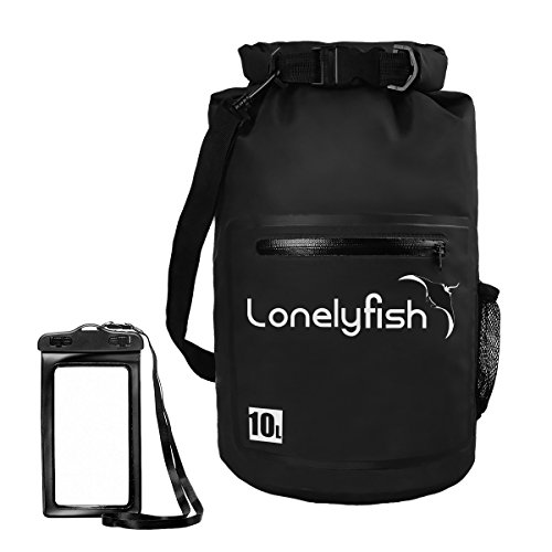 Dry Bag - Waterproof Roll Top Dry Sack with Transparent Window, Exterior Zip Pocket, Long Shoulder Strap for Kayaking, Rafting, Canoeing & Fishing - Waterproof Phone Case Included (dark black, 10L)