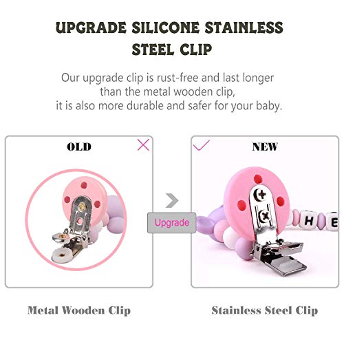 Pacifier Clip Personalized Name, MCGMITT Customized Binky Holder Teething Silicone Beads Toys for Baby Girls Boys Toddler (Purple)