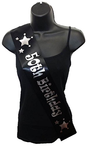 Cards Galore Online Black Happy 50th Birthday Party Satin Ribbon Sash - Age 50 Silver Stars