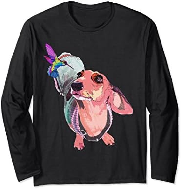 Unisex Hummingbird and dachshund long sleeve T-Shirt by Pelari Small Black