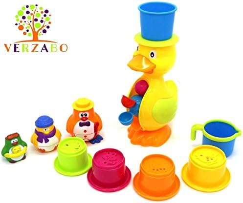 Verzabo Penguin Family and Waterfall Duck Bath Toy Play Set That Includes A Water Pail and Water Container Stack Set