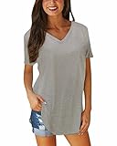 StyleDome Women V Neck Casual Blouse Shirts Short Sleeve Asymmetrical Hem Solid Plain Long Tee Tops Grey US 14