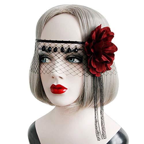 Halloween Gothic Veil Black Half Face Mask Women Fascinator Headband Lace Flowers Fascinator Wedding Christmas Costume Party Hair Accessories Carnival Headdress Queen Hair Wreath for Ladies