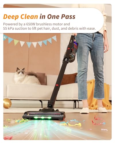 ElecKeys 650W Cordless Vacuum Cleaner for Pet Hair & Hardwood Floors, 55kPa Lightweight Vacuum Cleaners with 65 Mins Runtime, Quiet Stick Vac,Charging Dock, Self-Standing, Foldable Tube