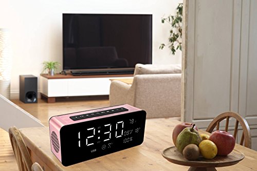 Orionstar Portable Bluetooth Alarm Clock Radio Speaker with HD Sound & Big Digital Screen Compatible with iPhone/Android/PC4/Aux/Micro SD/TF/USB for Bedroom Office Model A10 Pink with Wall Charger