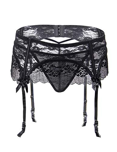 comeondear Women Lace Suspender Garter Belt Plus Size Lingerie with G-String for Thigh High Stockings Black