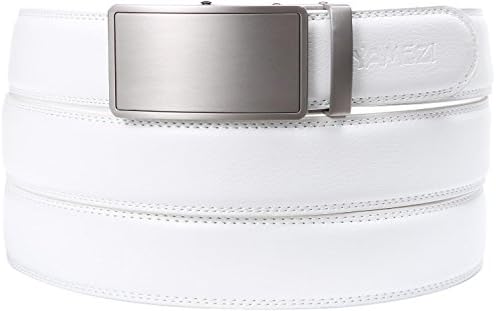 YAMEZI Men's White Leather Contracted Ratchet Dress Belt with Automatic Buckle