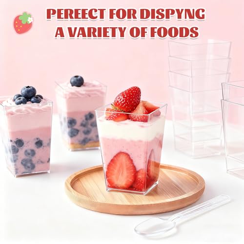 Hsxfl Pack of 50 Plastic Dessert Glasses, 150 ml Dessert Cups Plastic with Spoons, Clear Dessert Bowls, Reusable, Square Dessert Cups, Trapezoid Cups for Desserts, Pudding, Family Desserts