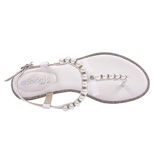 SheSole-Womens-Pearl-T-Strap-Bridal-White-Flat-Sandals-Beach-Wedding-Shoes
