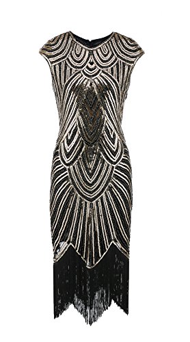 Shelly Women's Flapper Dress Vintage 1920s Sequin Beaded Cocktail Fringed Great Gatsby Inspired Dresses,Black&Gold,Medium