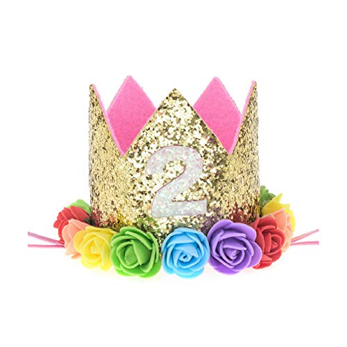 Love Sweety Baby Rose Flower Golden Crown Birthday Headband Hair Accessories (Rainbow 2)