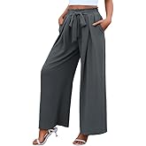 Women's High Waist Wide Leg Long Palazzo Pants Front Knot Tie Elastic Trousers with Pockets Lounge Business Work Pants